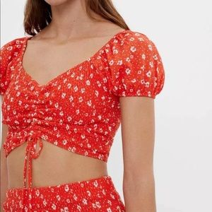 Bershka Size S Red Floral Crop Top.